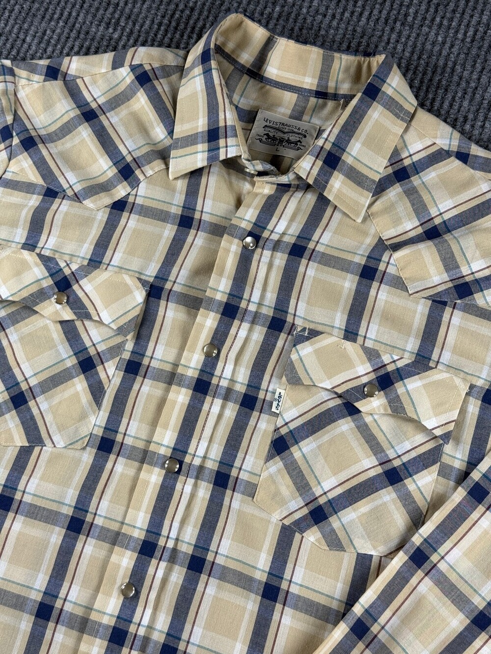Levi Strauss Western Pearl Snap Button Up Mens L Long Sleeve Tan Blue Plaid VTG